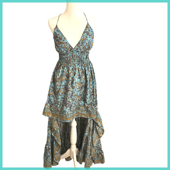 Paisley Print Halter Dress High Low Hem Sleeveless Boho Silk Blend - Picture 1 of 10